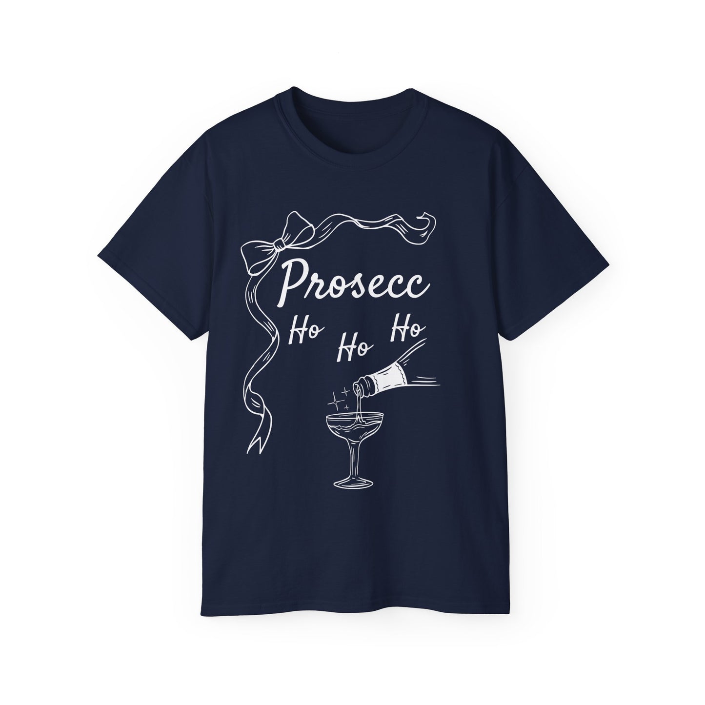 Prosecc-Ho Ho Ho” Christmas T-Shirt – Lightweight Cotton Holiday Tee Red & Navy FREE SHIPPING