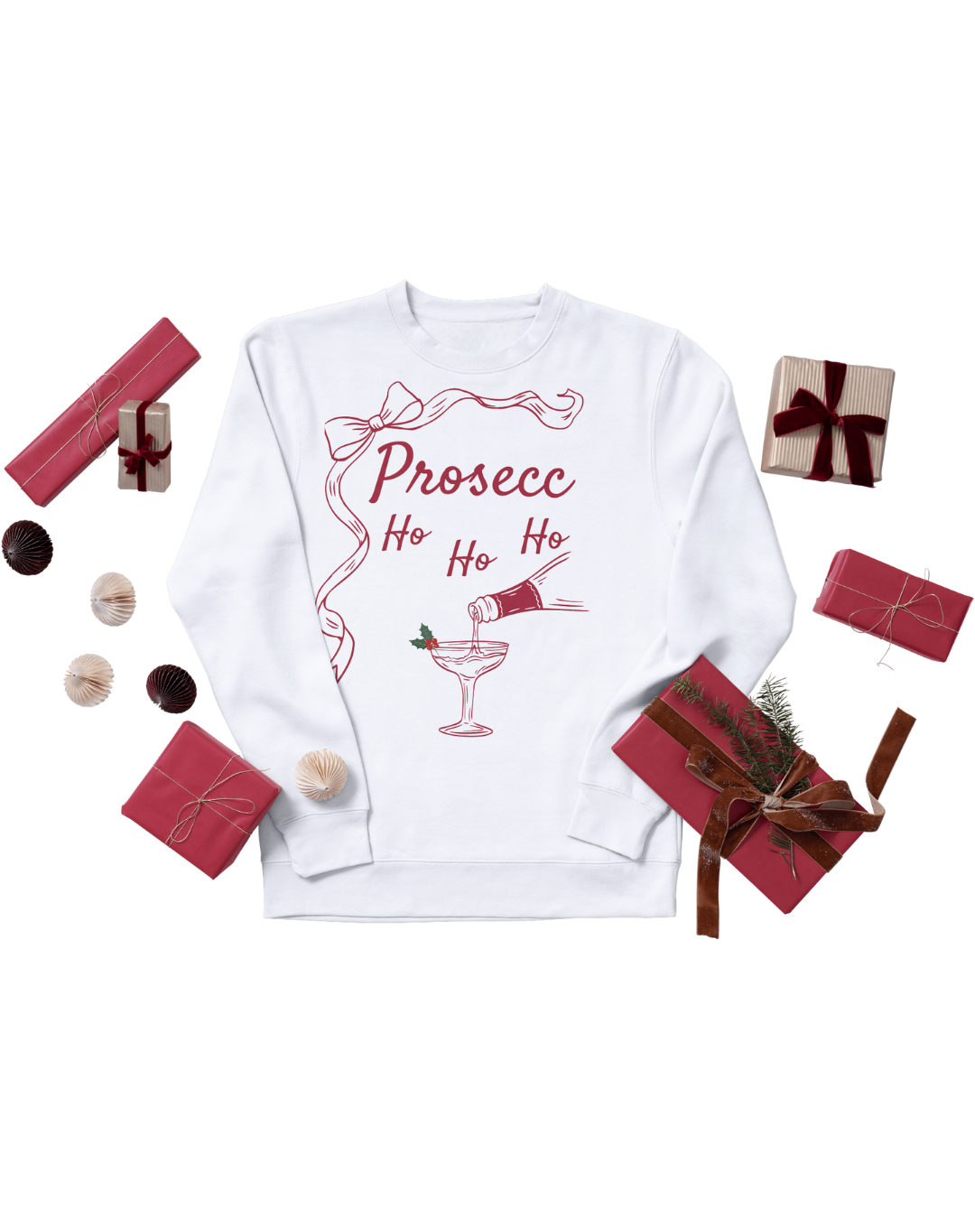 Prosecco Holiday Sweatshirt Red Font – Festive “Ho Ho Ho” Crewneck for Wine Lovers | Cozy Christmas & New Year Gift