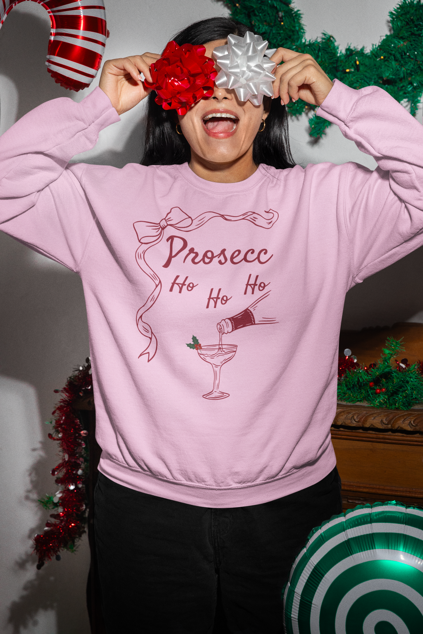 Prosecco Holiday Sweatshirt Red Font – Festive “Ho Ho Ho” Crewneck for Wine Lovers | Cozy Christmas & New Year Gift