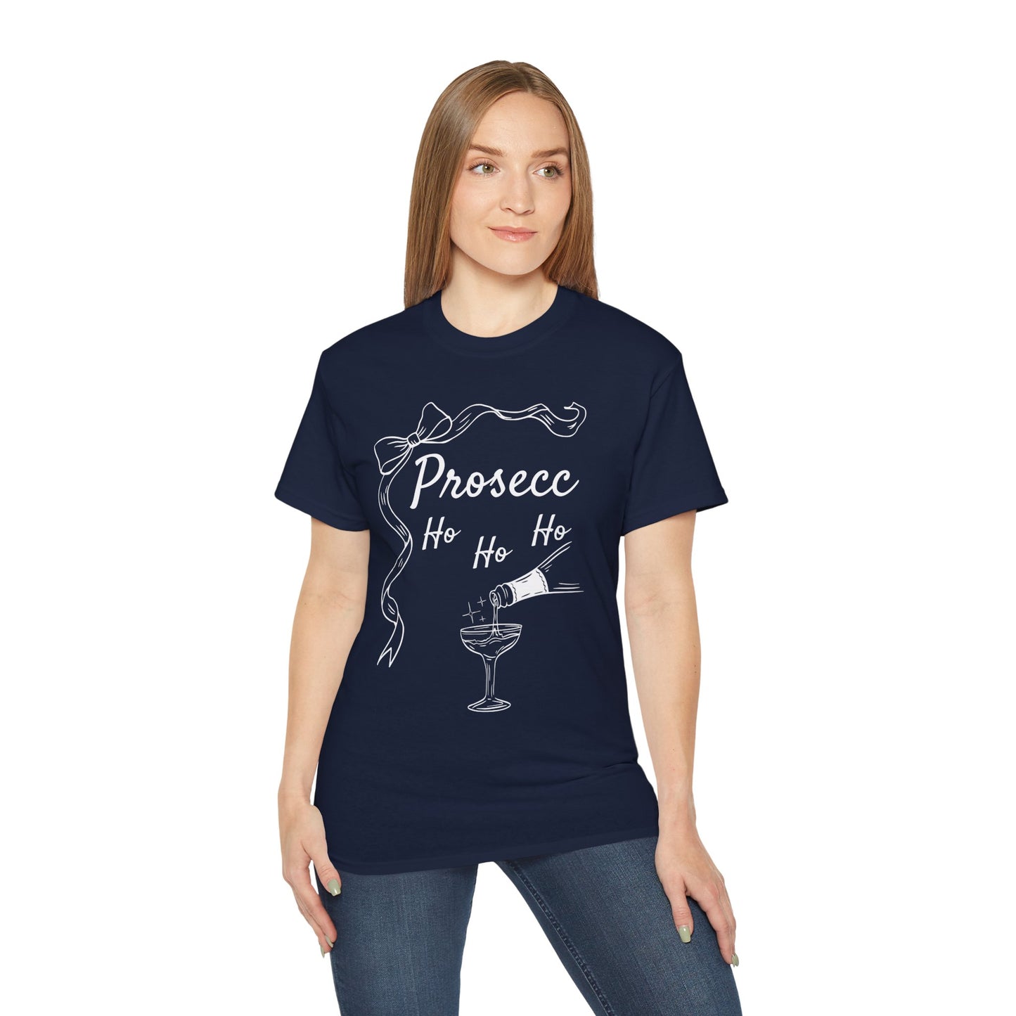 Prosecc-Ho Ho Ho” Christmas T-Shirt – Lightweight Cotton Holiday Tee Red & Navy FREE SHIPPING