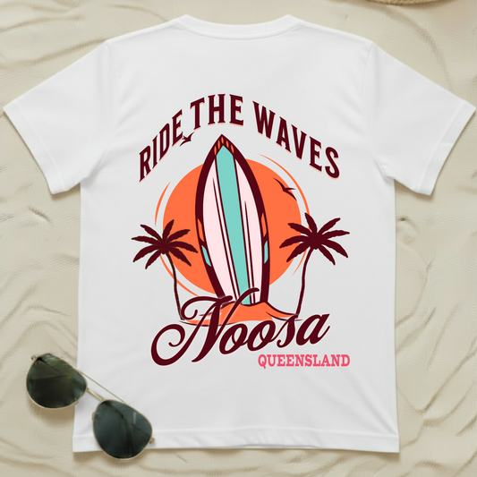 Ride The Waves Noosa Tee (Back Print) — Retro Surf Graphic