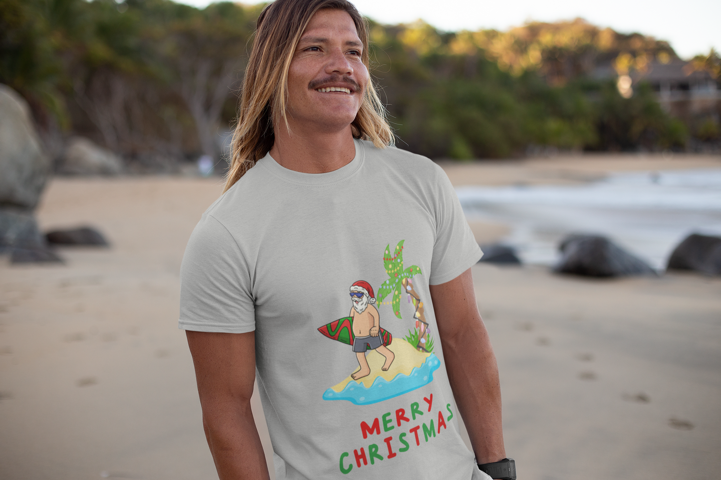Men’s Surfing Santa Christmas T-Shirt | Aussie Beach Tee | Free Shipping