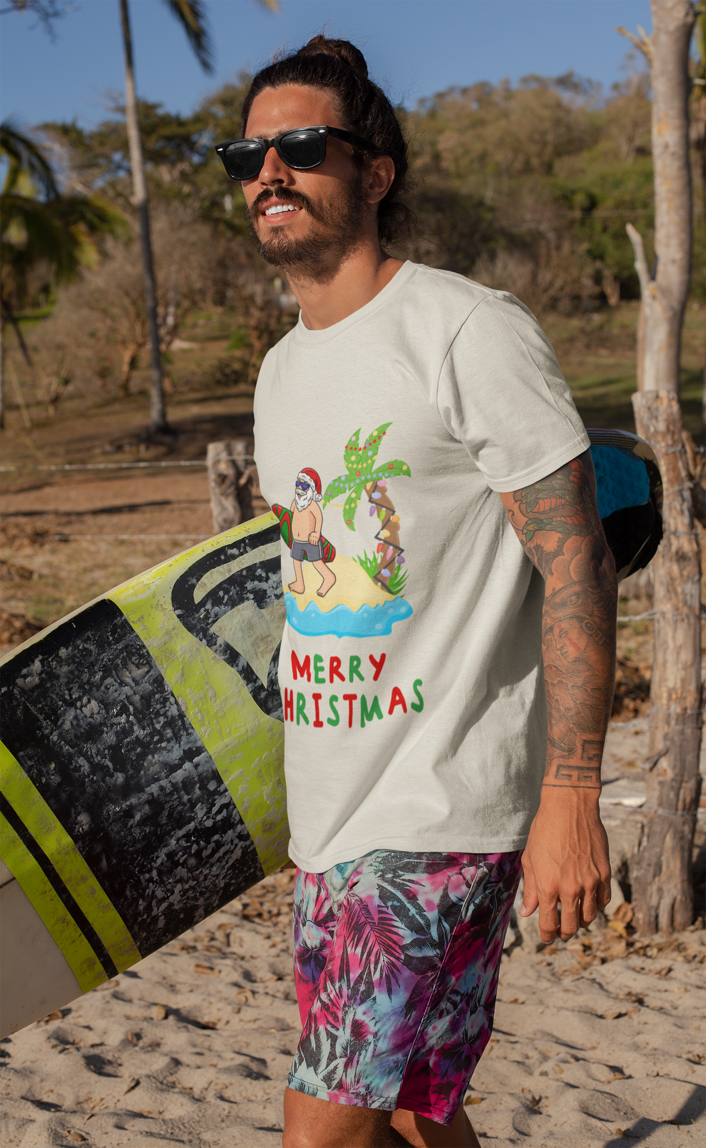 Men’s Surfing Santa Christmas T-Shirt | Aussie Beach Tee | Free Shipping