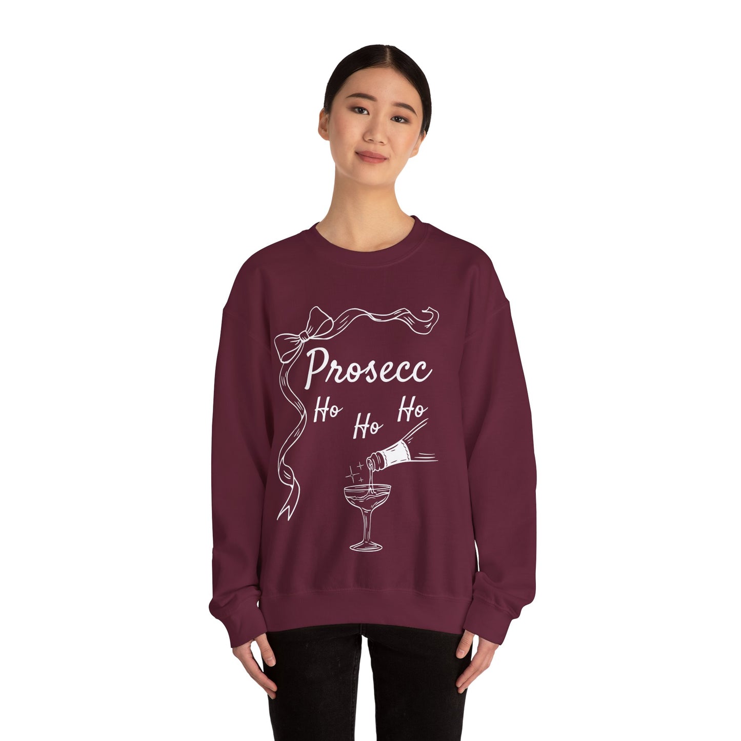 Prosecco Holiday Sweatshirt White Font – Festive “Ho Ho Ho” Crewneck for Wine Lovers | Cozy Christmas & New Year Gift