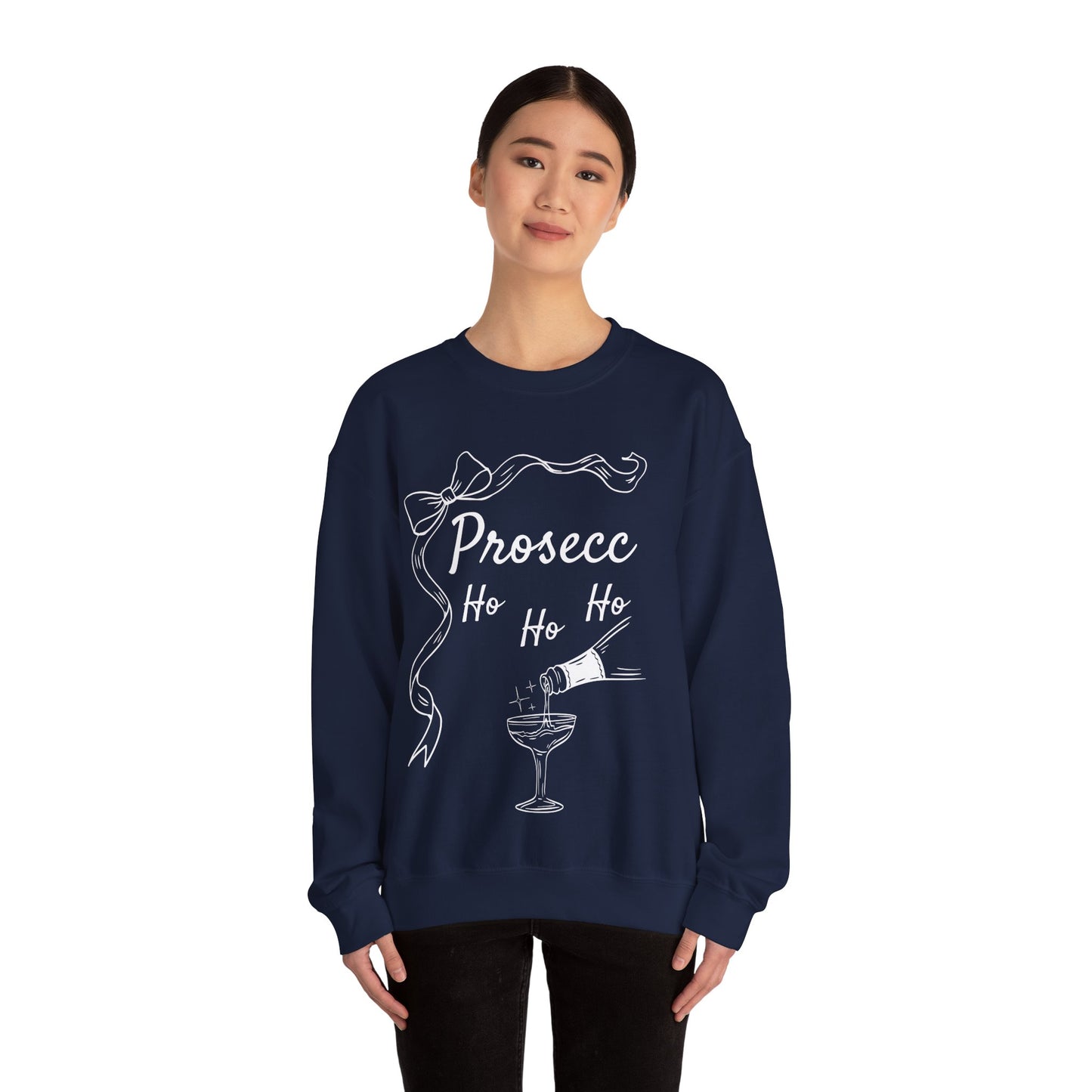 Prosecco Holiday Sweatshirt White Font – Festive “Ho Ho Ho” Crewneck for Wine Lovers | Cozy Christmas & New Year Gift