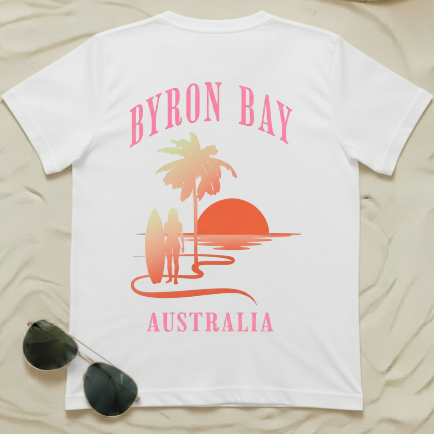 Byron Bay Australia Tee (Back Print) – Retro Sunset Surf Shirt