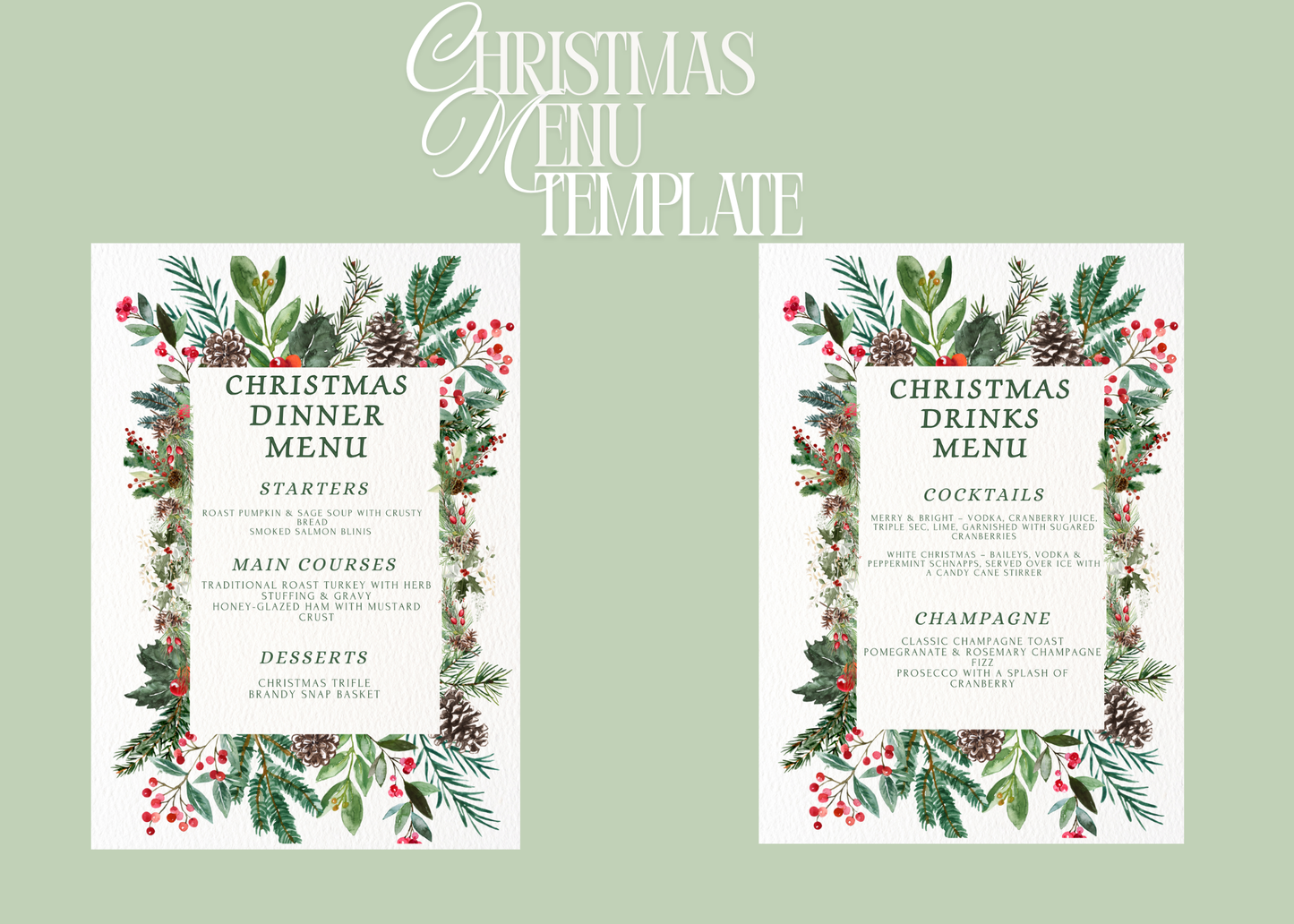Editable Christmas Dinner & Drinks Menu Template | Printable Holiday Party Menu | Festive Canva Template