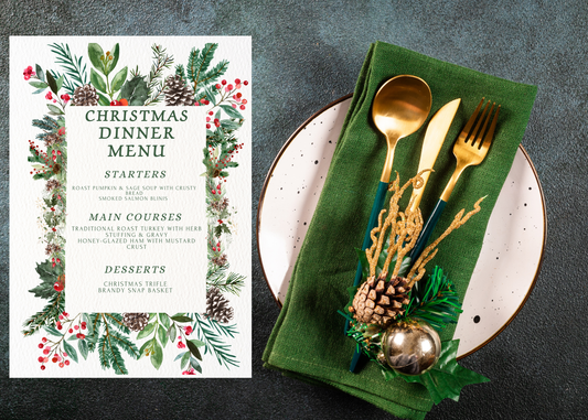 Editable Christmas Dinner & Drinks Menu Template | Printable Holiday Party Menu | Festive Canva Template
