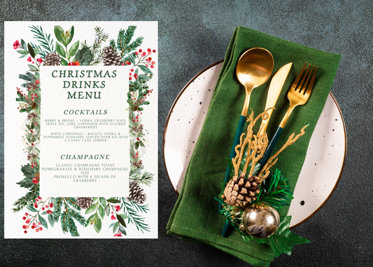 Editable Christmas Dinner & Drinks Menu Template | Printable Holiday Party Menu | Festive Canva Template