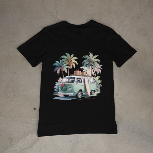 Beach Van Christmas Tee (Back Print) – Retro Surf Holiday T-Shirt