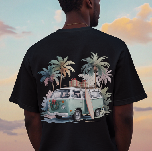 Beach Van Christmas Tee (Back Print) – Retro Surf Holiday T-Shirt