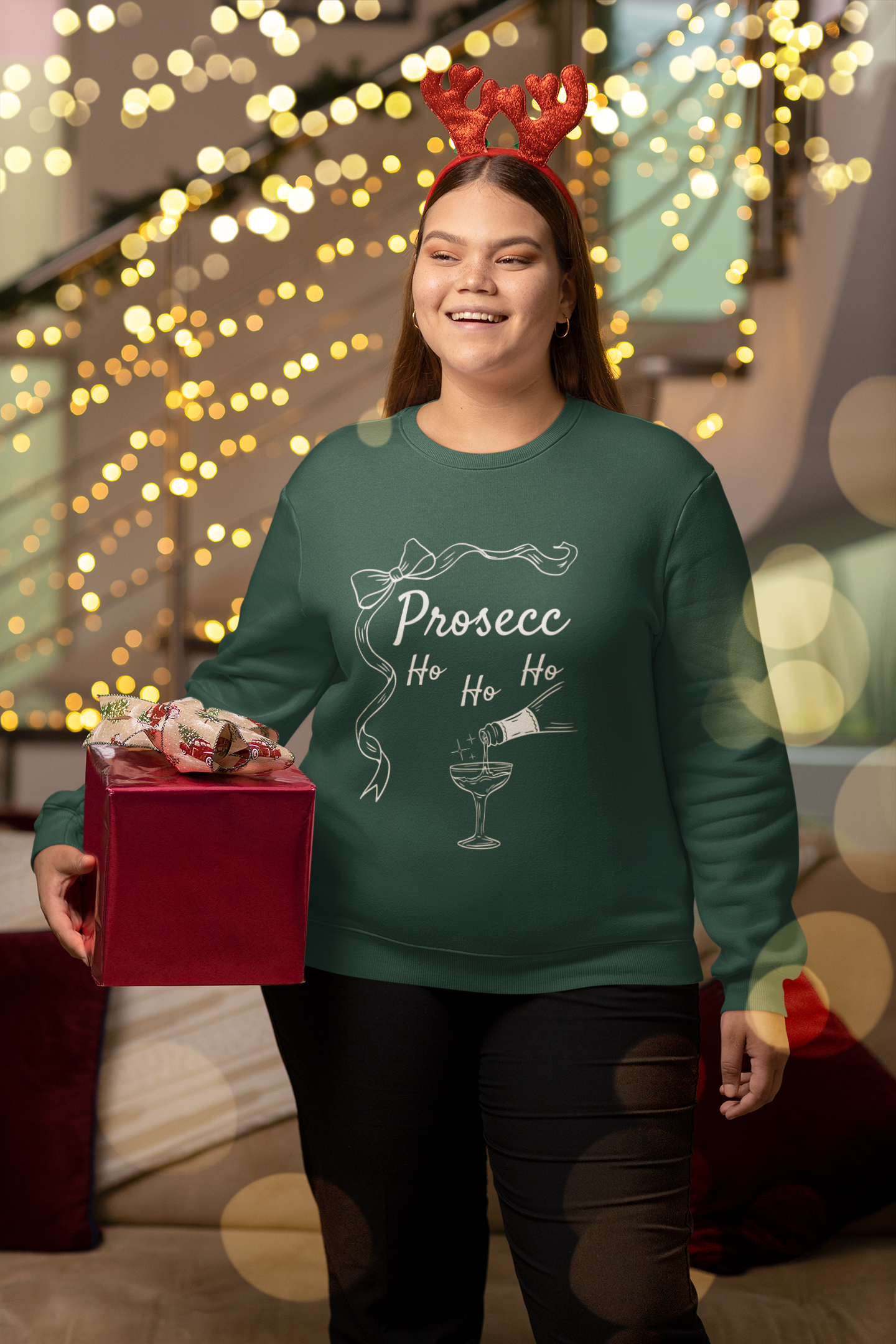 Prosecco Holiday Sweatshirt White Font – Festive “Ho Ho Ho” Crewneck for Wine Lovers | Cozy Christmas & New Year Gift