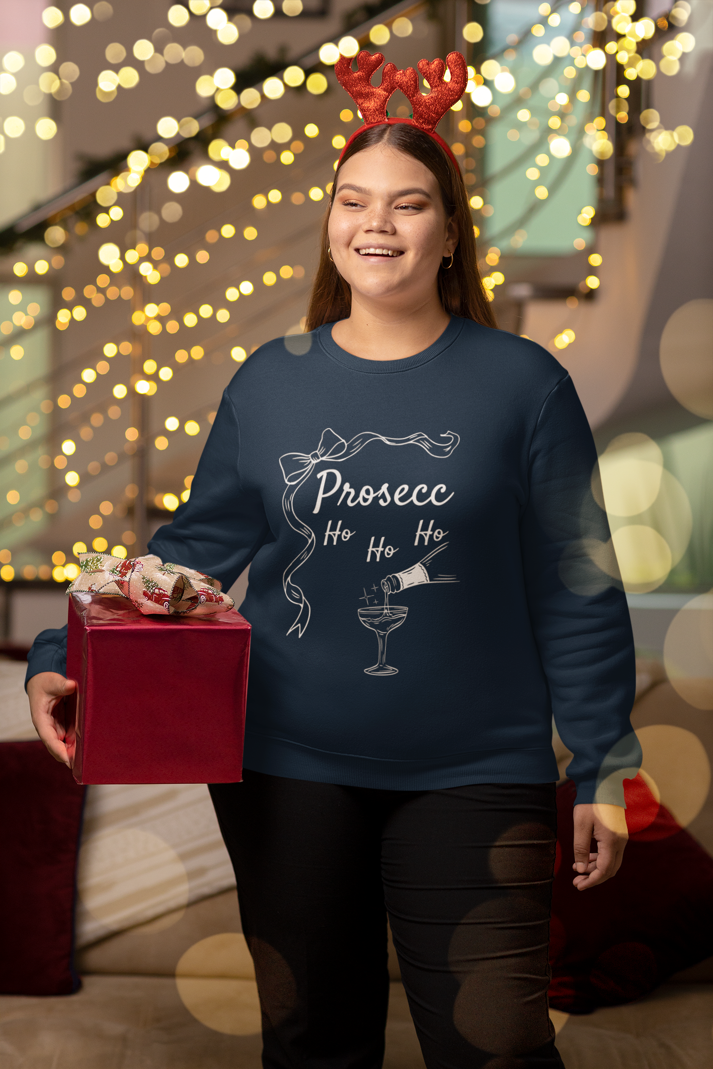 Prosecco Holiday Sweatshirt White Font – Festive “Ho Ho Ho” Crewneck for Wine Lovers | Cozy Christmas & New Year Gift