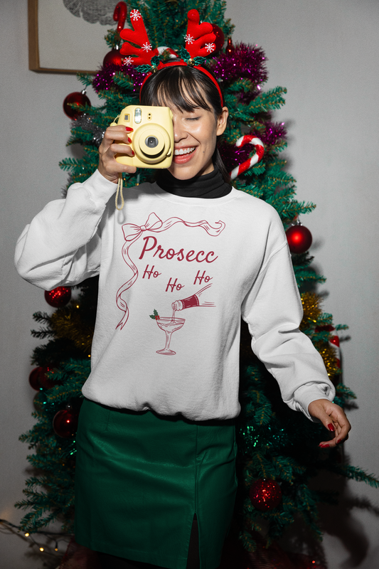 Prosecco Holiday Sweatshirt Red Font – Festive “Ho Ho Ho” Crewneck for Wine Lovers | Cozy Christmas & New Year Gift